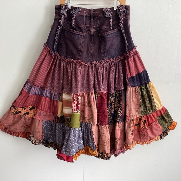 Upcycled Boho Tiered Jean Top Ruffled Hem Raw Edge Patchwork Midi Skirt Med to L - Picture 6 of 15